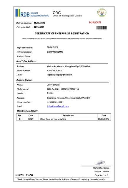 Rwanda certificate of enterprise registration Word and PDF template, version 2